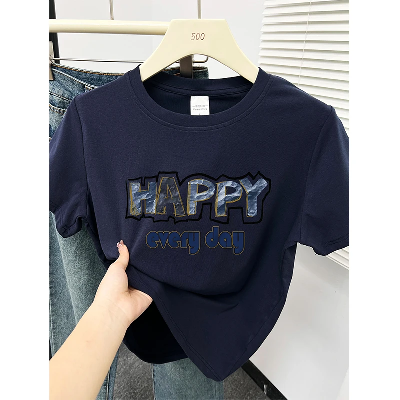春夏新款韩版时尚洋气字母印花小个子休闲内搭正肩短袖t恤上衣女