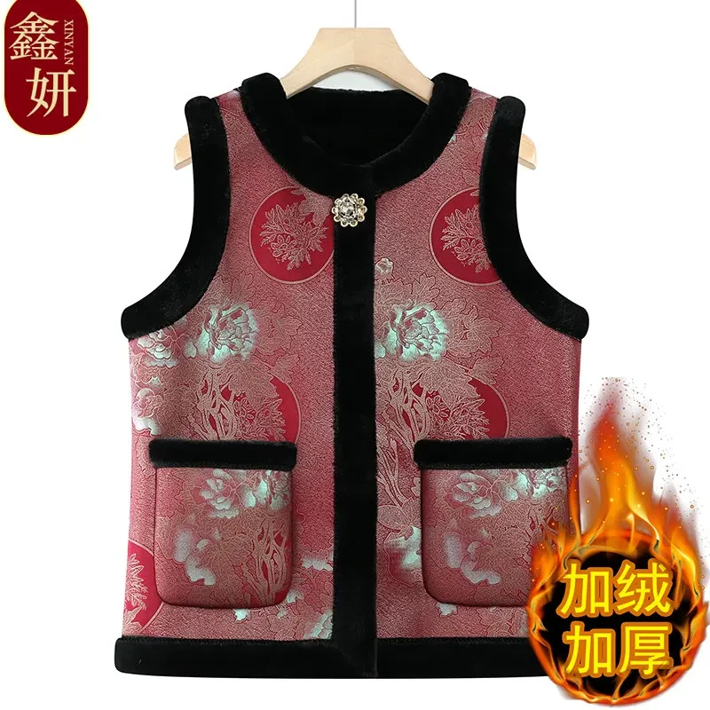 中老年保暖加厚返潮复古马甲女加厚保暖背心百搭坎肩妈妈马夹大码