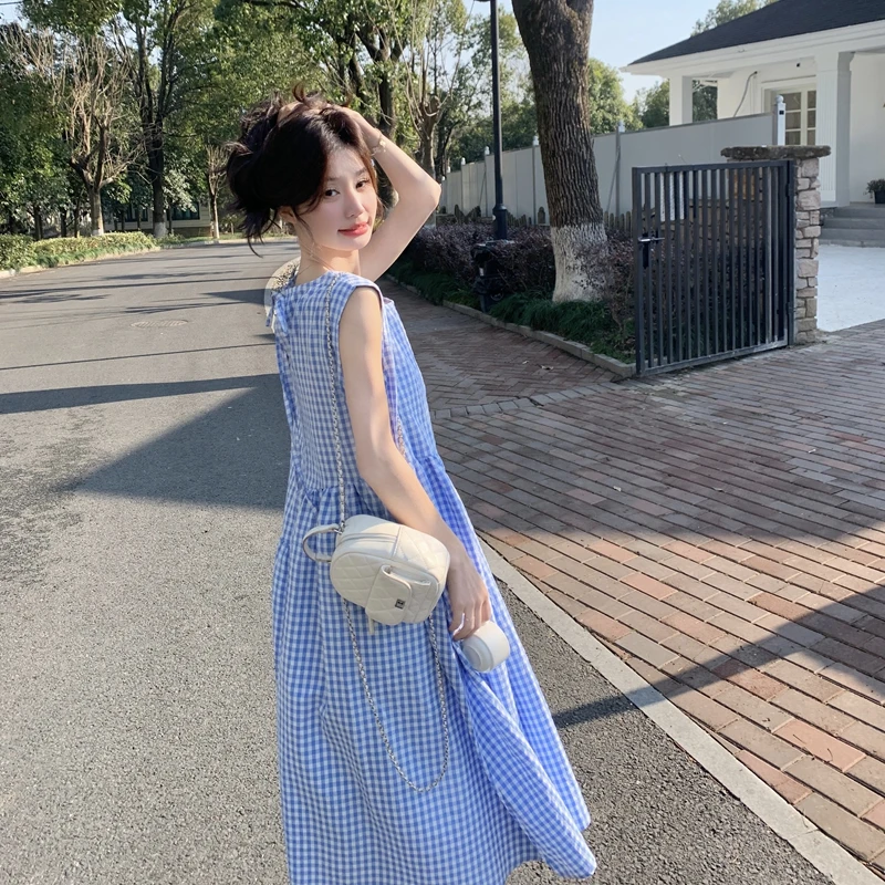 日系蓝色格子减龄无袖连衣裙女2025夏季新款小个子高腰显瘦A字裙