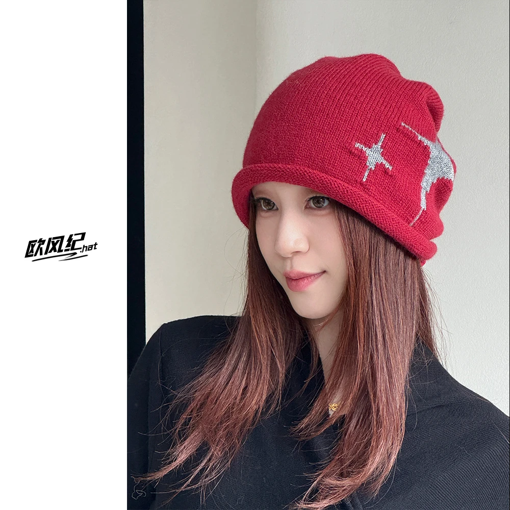 美式复古星星抽绳设计包头帽女秋冬季甜酷辣妹百搭装饰保暖堆堆帽