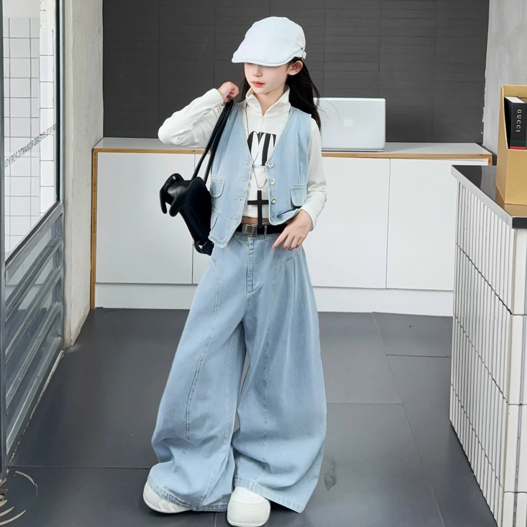 女童秋装三件套2025新款春秋季女孩牛仔马甲阔腿裤套装超好看衣服