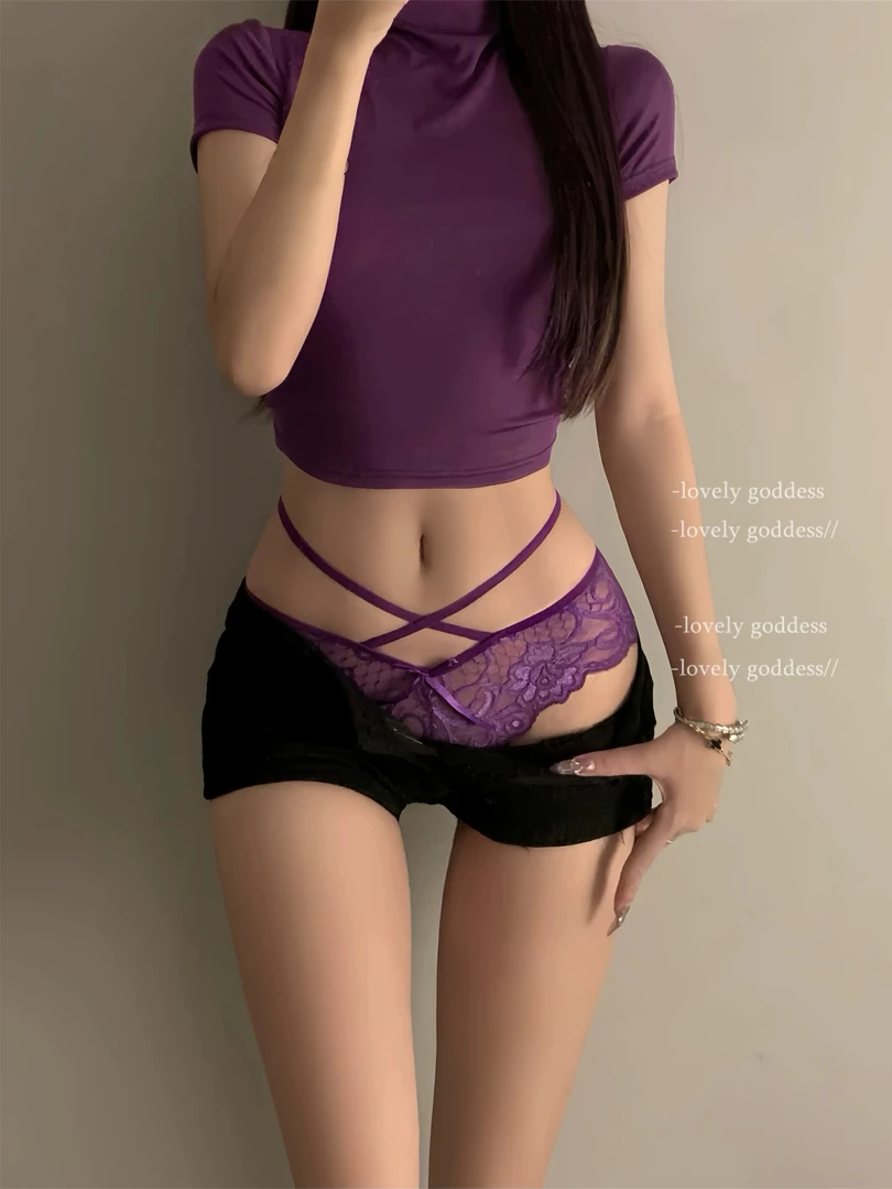 娇欲美人*纯欲性感紫色交叉中腰镂空一体内裤舒适三角裤女刺绣