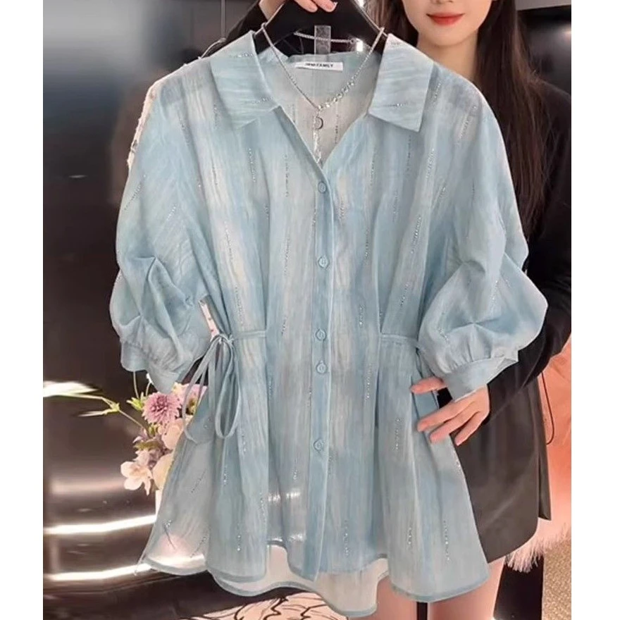 法式蓝色晕染衬衫女2025夏季新款系带收腰显瘦泡泡袖纽扣上衣0691