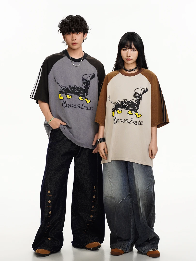 潮牌插肩短袖小狗纯棉百搭短袖