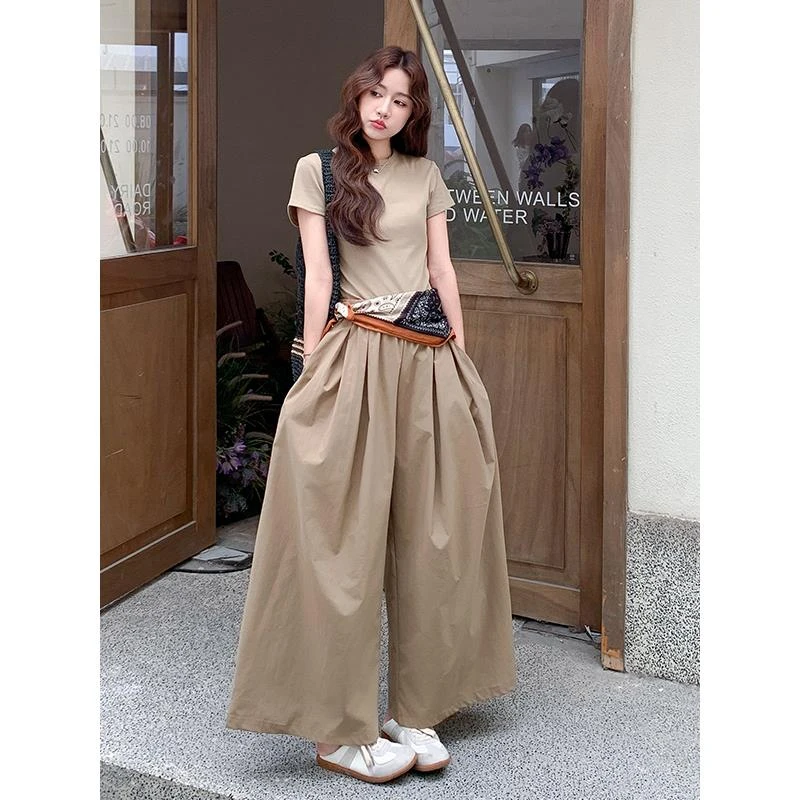 韩系穿搭一整套女2025夏季新款时尚短袖T恤高腰阔腿裤休闲两件套