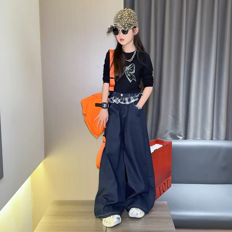 女童2025春款牛仔裤蝴蝶结t恤女孩修身复古蓝色直筒阔腿洋气穿搭
