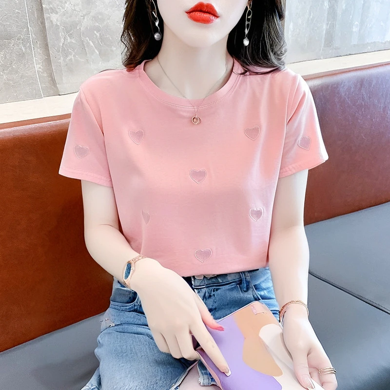 重工刺绣爱心短袖t恤女夏季2025年新款韩版圆领宽松上衣百搭体恤