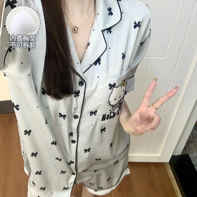 夏季冰丝睡衣女款带胸垫爆款2025新款两件套薄款日系可爱家居服女