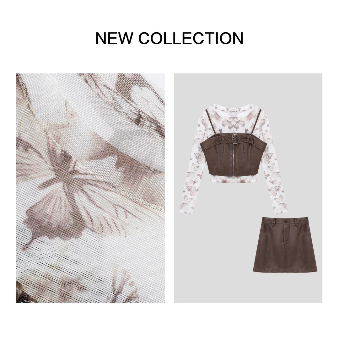 《婷婷专属》D1F38067B 春季针织上衣+皮质马甲+短裙套装