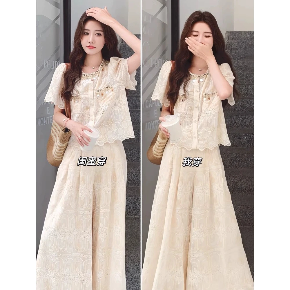 初夏穿搭一整套大码胖mm蕾丝刺绣短袖上衣高腰阔腿裤气质复古套装