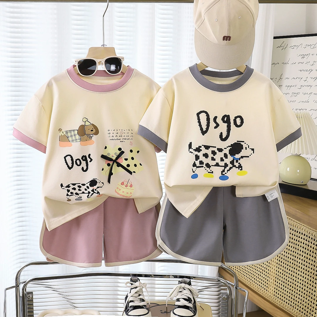 儿童短袖套装中大童夏季卡通T恤夏薄款男女童纯棉运动休闲两件套