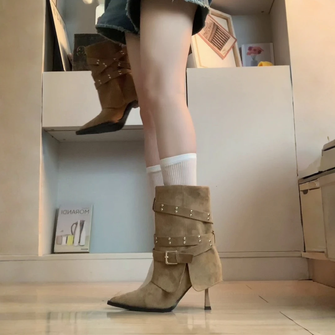 羊皮版~法式高级感尖头细高跟裤管靴铆钉设计皮带扣女时尚时装靴