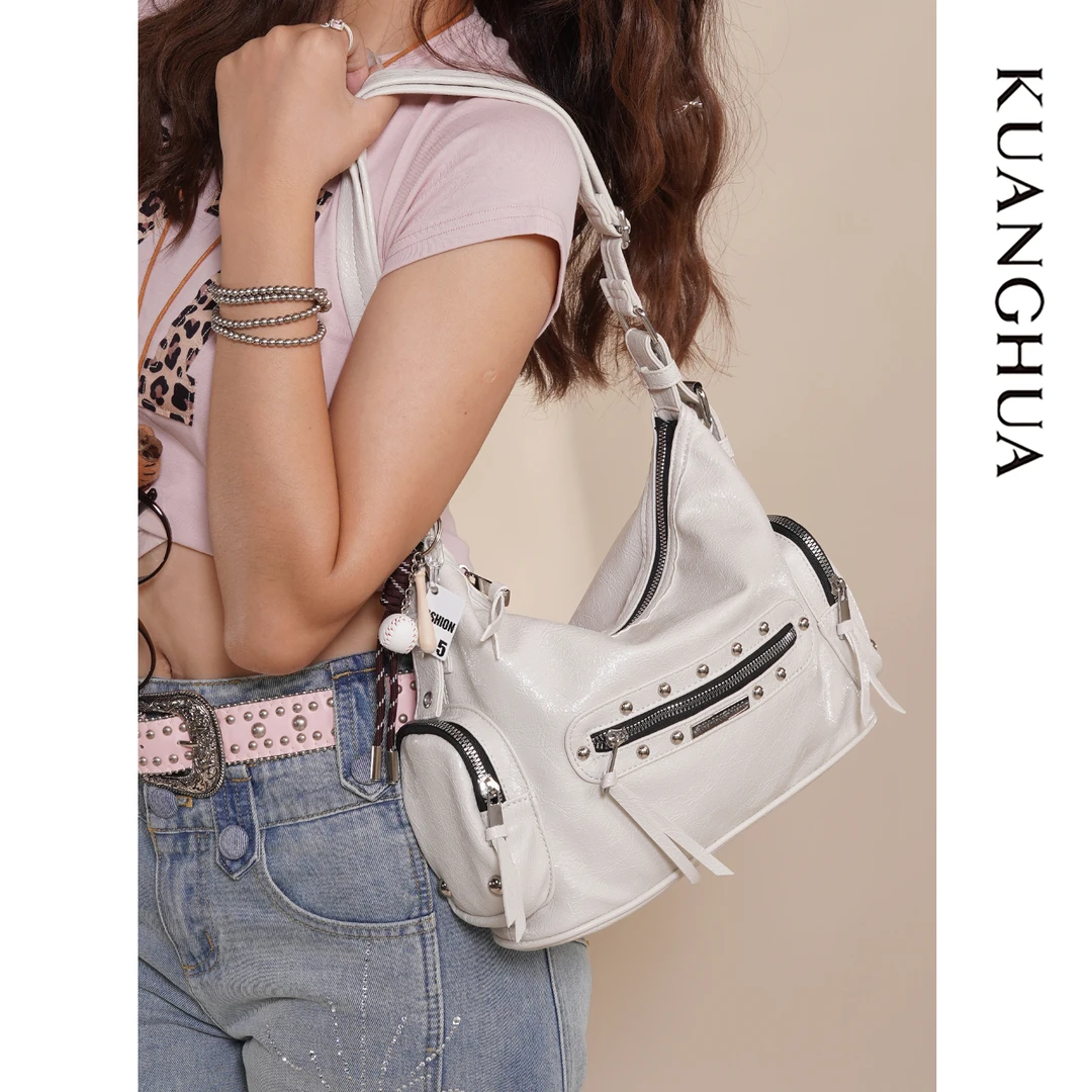 哐花2025夏季新品大容量腋下包单肩包机车包复古感米白色斜挎包女