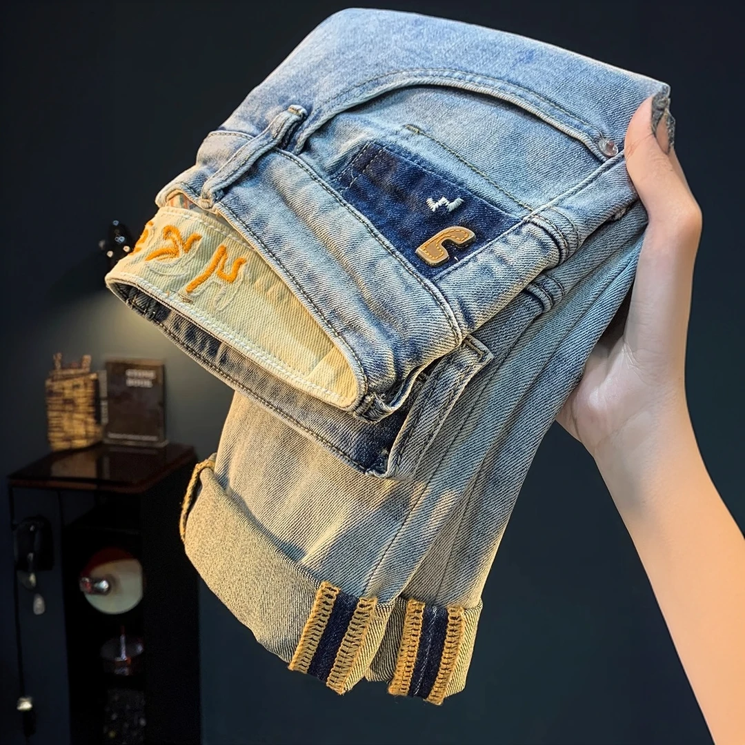 卡因耶查夏季新款牛仔裤男士宽松窄脚复古浅色抓烂薄款休闲哈伦裤