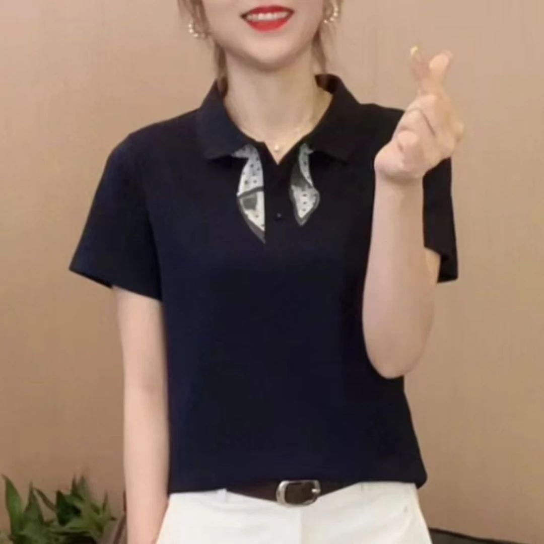 2025夏季时尚洋气简约娃娃领新款设计感印花丝巾百搭显瘦短袖5919