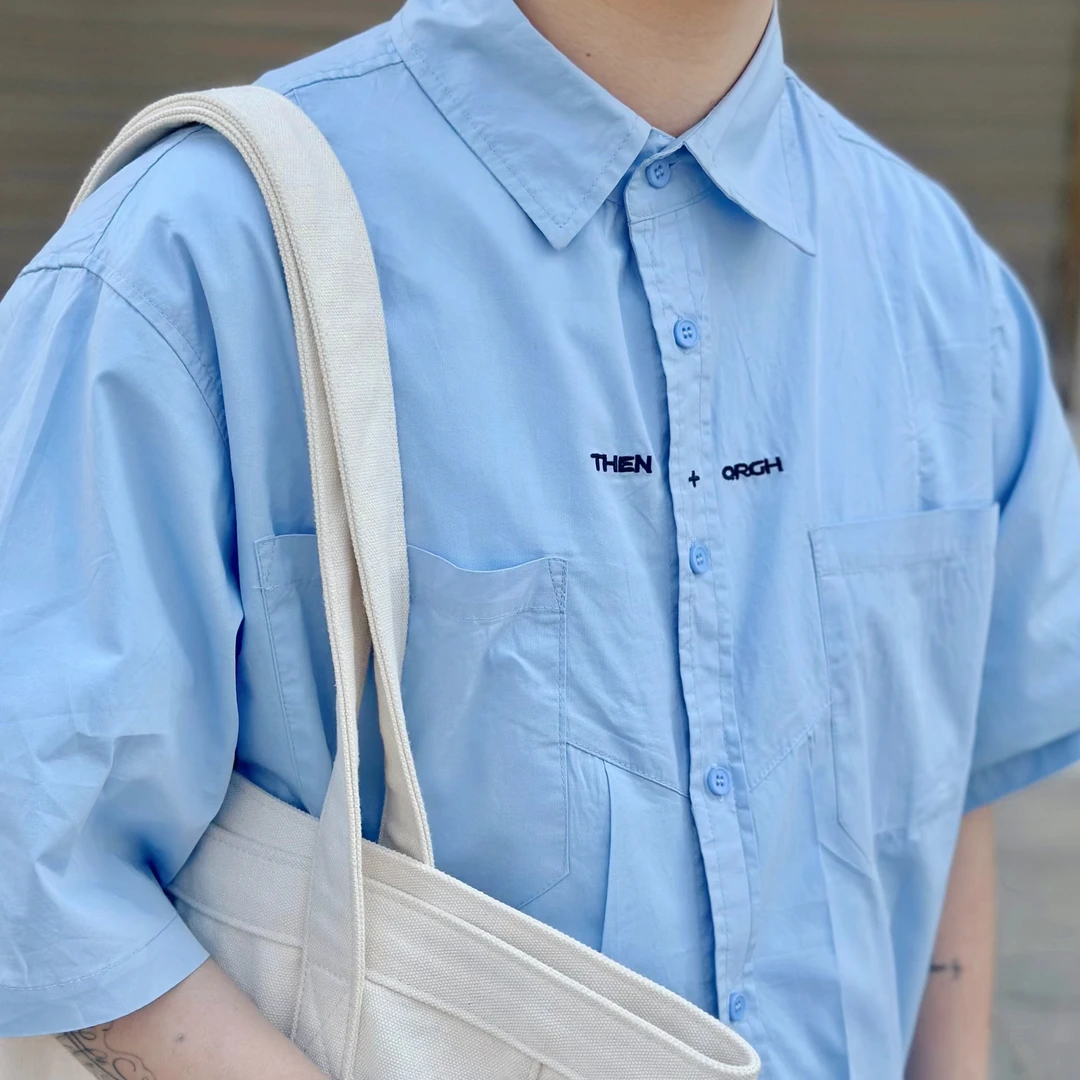 日系廓形cityboy轻薄纯棉蓝色复古纯色宽松翻领短袖衬衫衬衣男夏