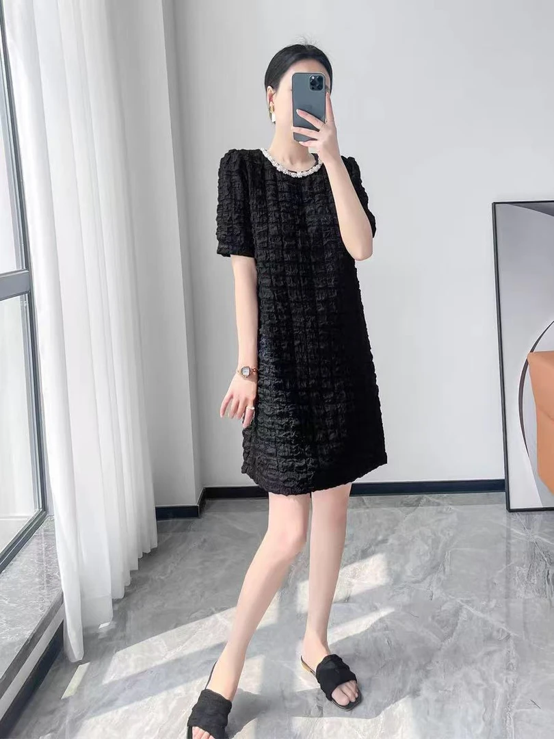 小芸姐夏季女士时尚显瘦法式珍珠泡泡雪纺连衣裙