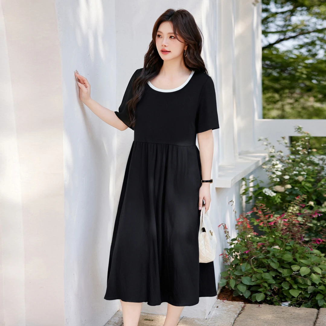 【撞色领弧形小黑裙】MsShe大码女装2025夏收腰高端连衣裙S2504017