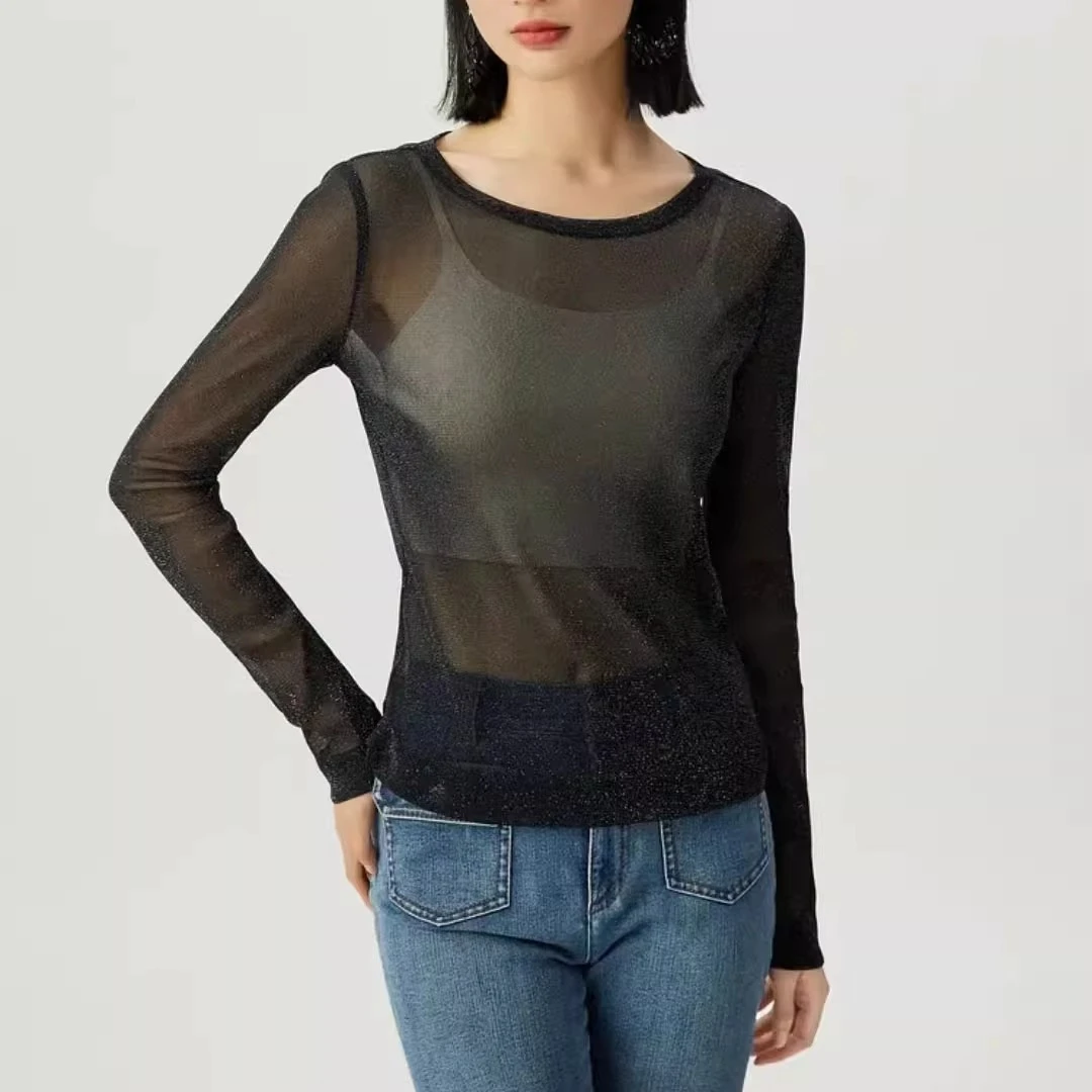 【商场同款】2025新款时尚百搭修身性感网纱打底衫长袖T恤1300958
