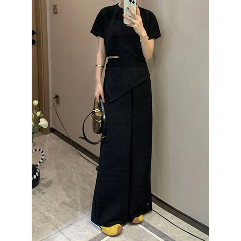 韩系通勤套装女2025夏季新款圆领短袖T恤设计感高腰阔腿休闲长裤