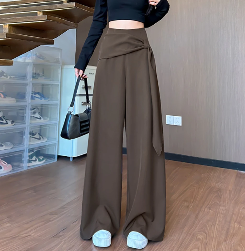 不规则假两件飘带阔腿裤女秋季设计感高腰显瘦百搭垂感直筒休闲裤