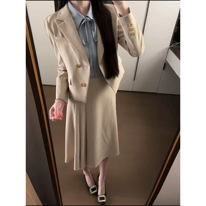2025秋季新款chic网红学院风减龄西装薄外套女+侧边褶皱半身长裙