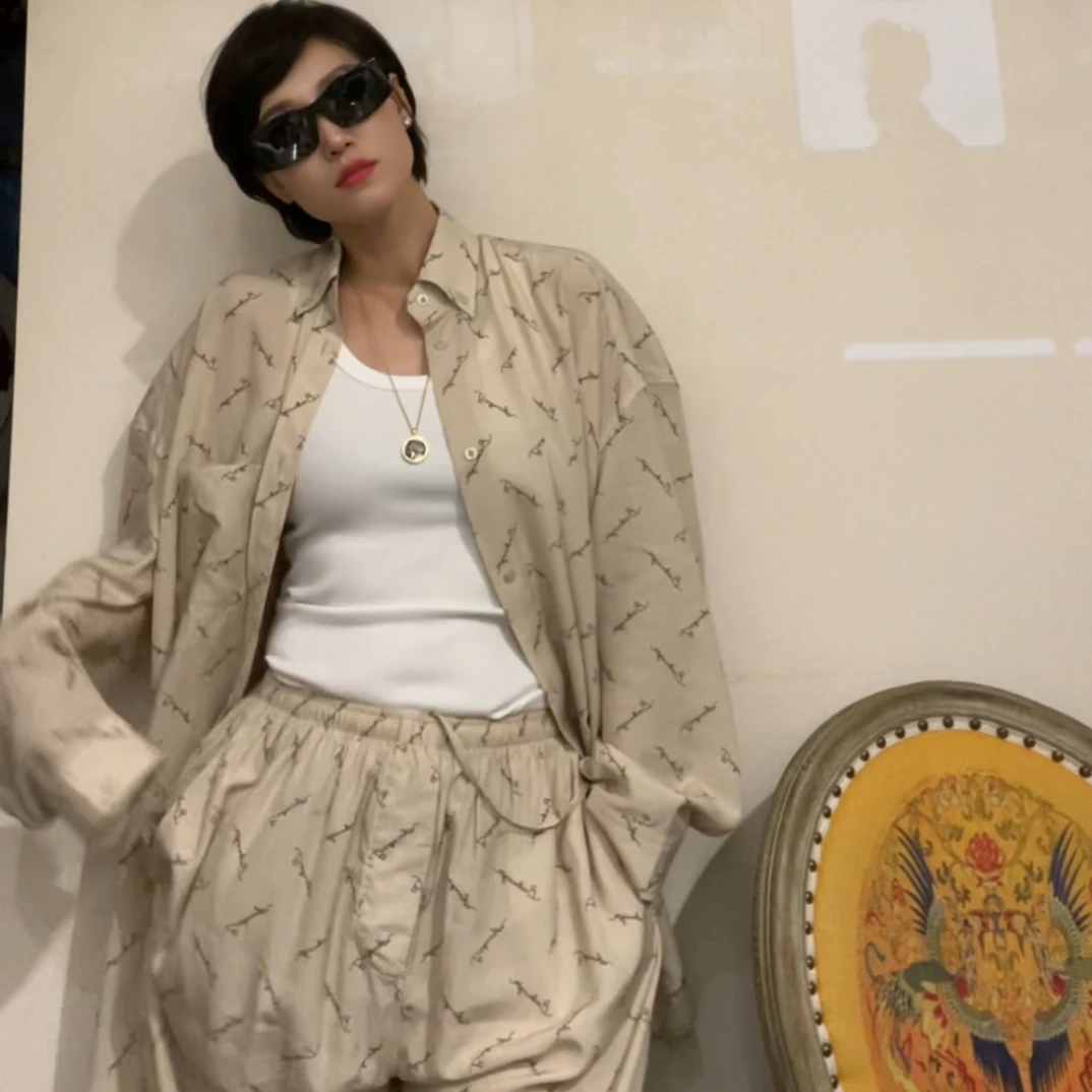 巴黎风格早秋衬衫套装弹幕满印长袖衬衫长裤 男女同款衬衣时尚
