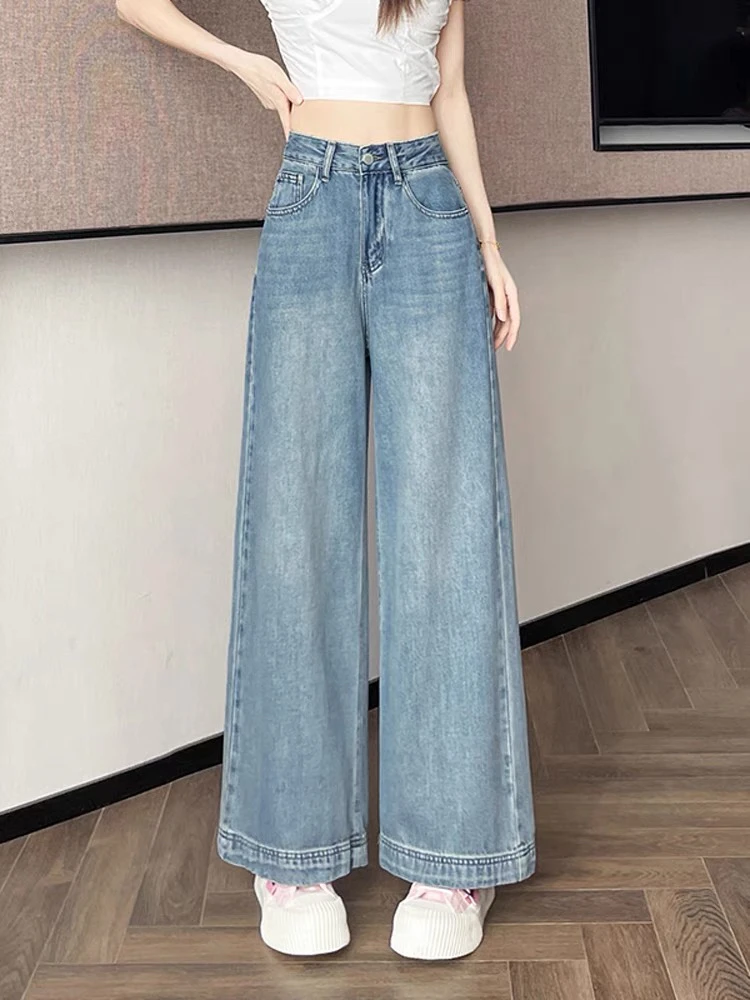浅蓝色阔腿牛仔裤女夏薄小个子高腰宽松垂感九分直筒裤子2025新款