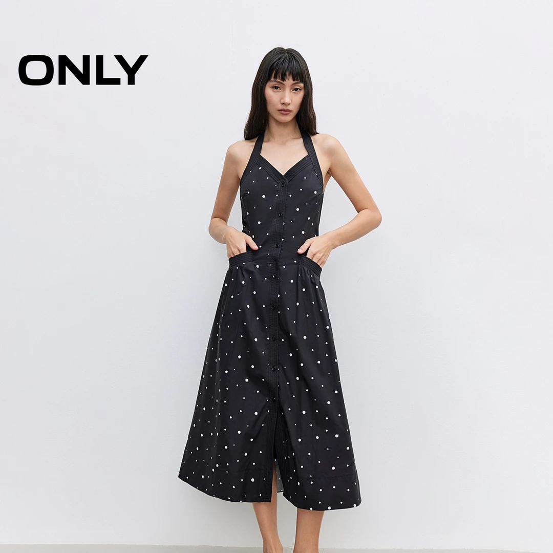 ONLY2025春季新款复古波点风无袖露肩收腰长裙连衣裙女|125107040