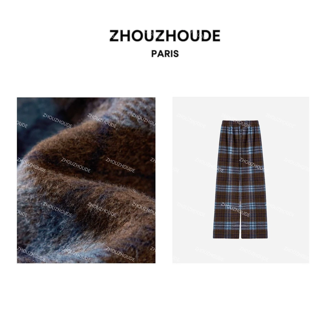 ZHOUZHOUDE【海盐芝士】秋冬蓝格毛呢加厚加绒休闲直筒裤