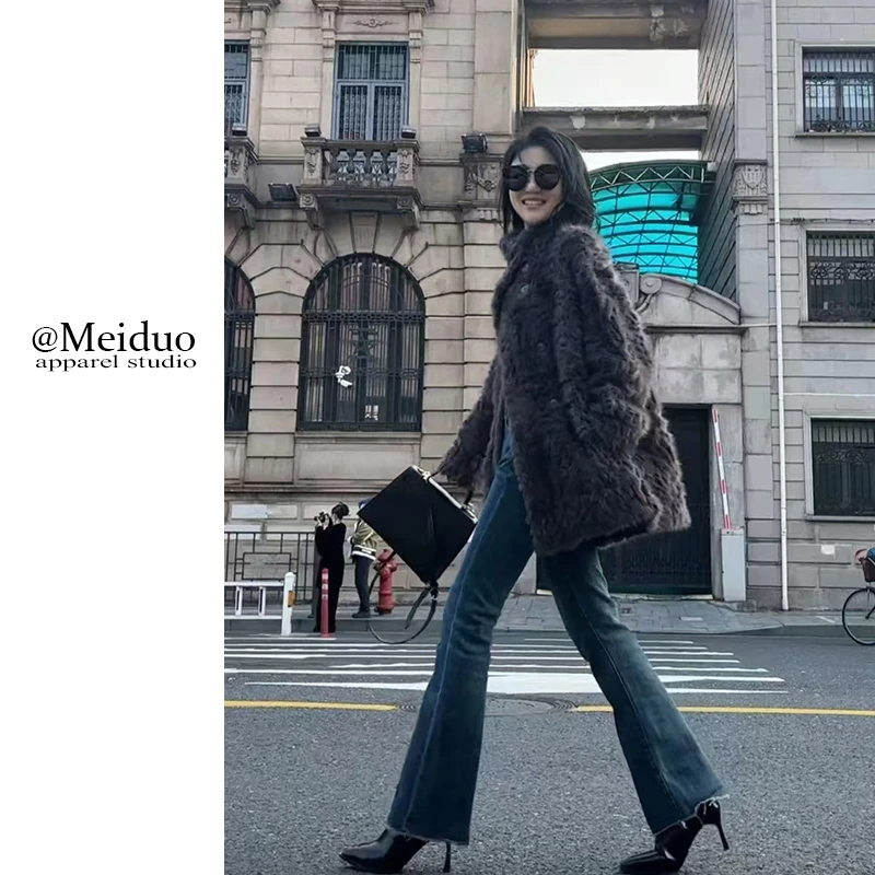 轻奢中长款毛毛外套2024冬季百搭宽松设计师款女装新款气质大衣