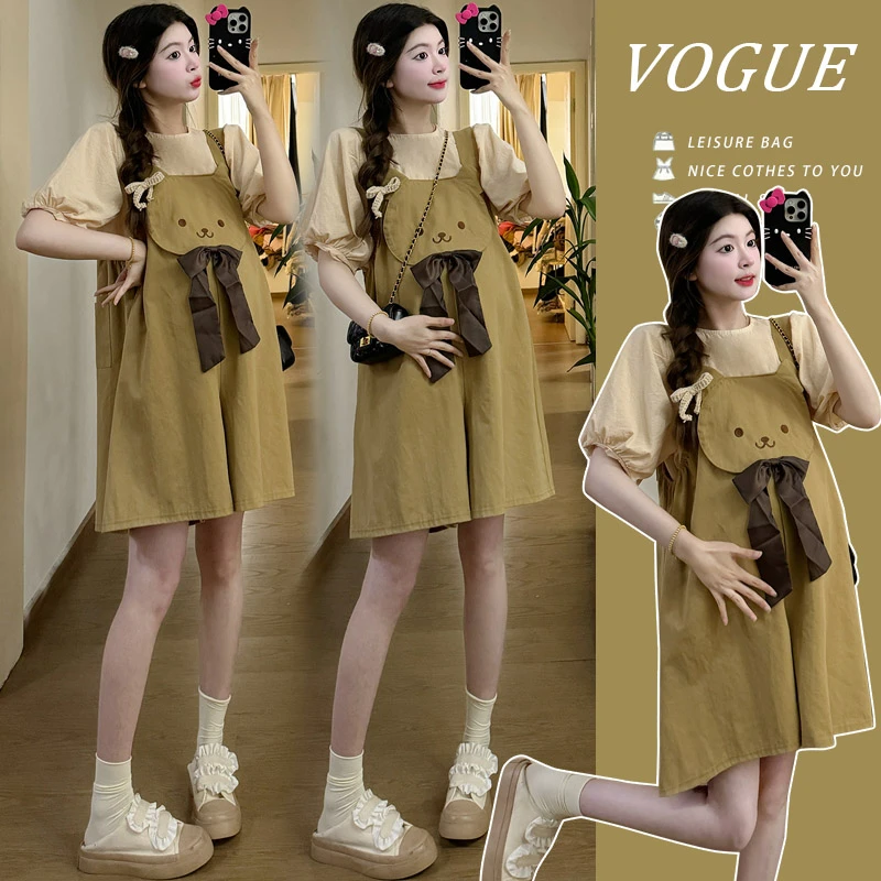 2025孕妇背带裤夏季款小个子宽松休闲大码孕妇装上衣T恤春装女