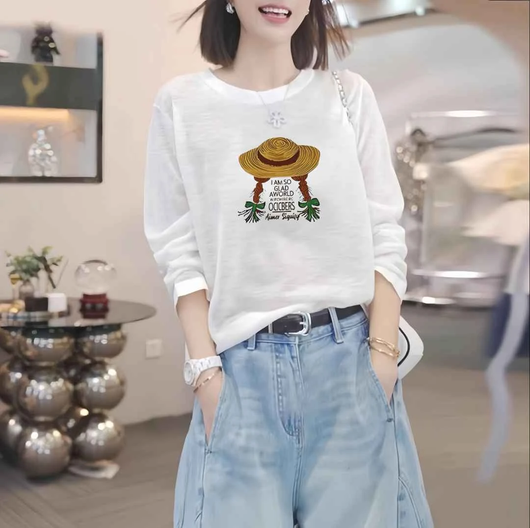 韩版简约宽松显瘦印花长袖T恤女秋季设计感小众雪花棉圆领上衣潮