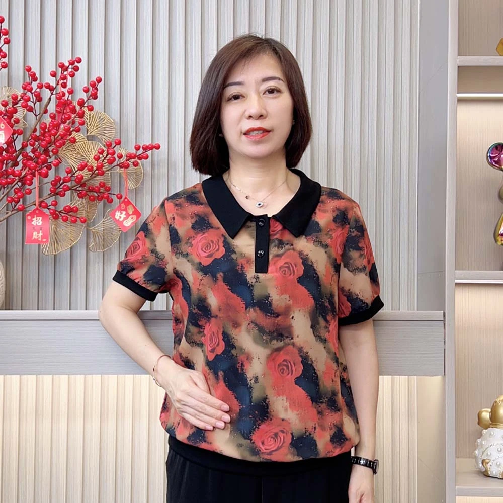 夏季新款中老年妈妈装洋气百搭显瘦减龄宽松印花气质翻领短袖t恤