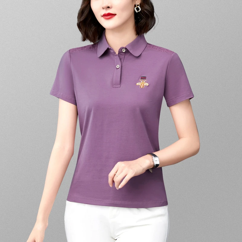 95棉短袖t恤女夏装时尚气质减龄中年妈妈polo衫翻领宽松上衣绣花