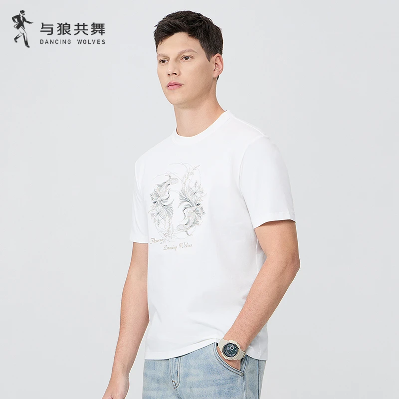 【索罗那】与狼共舞25夏季莱赛尔亲肤透气短袖简约重工刺绣男士T恤