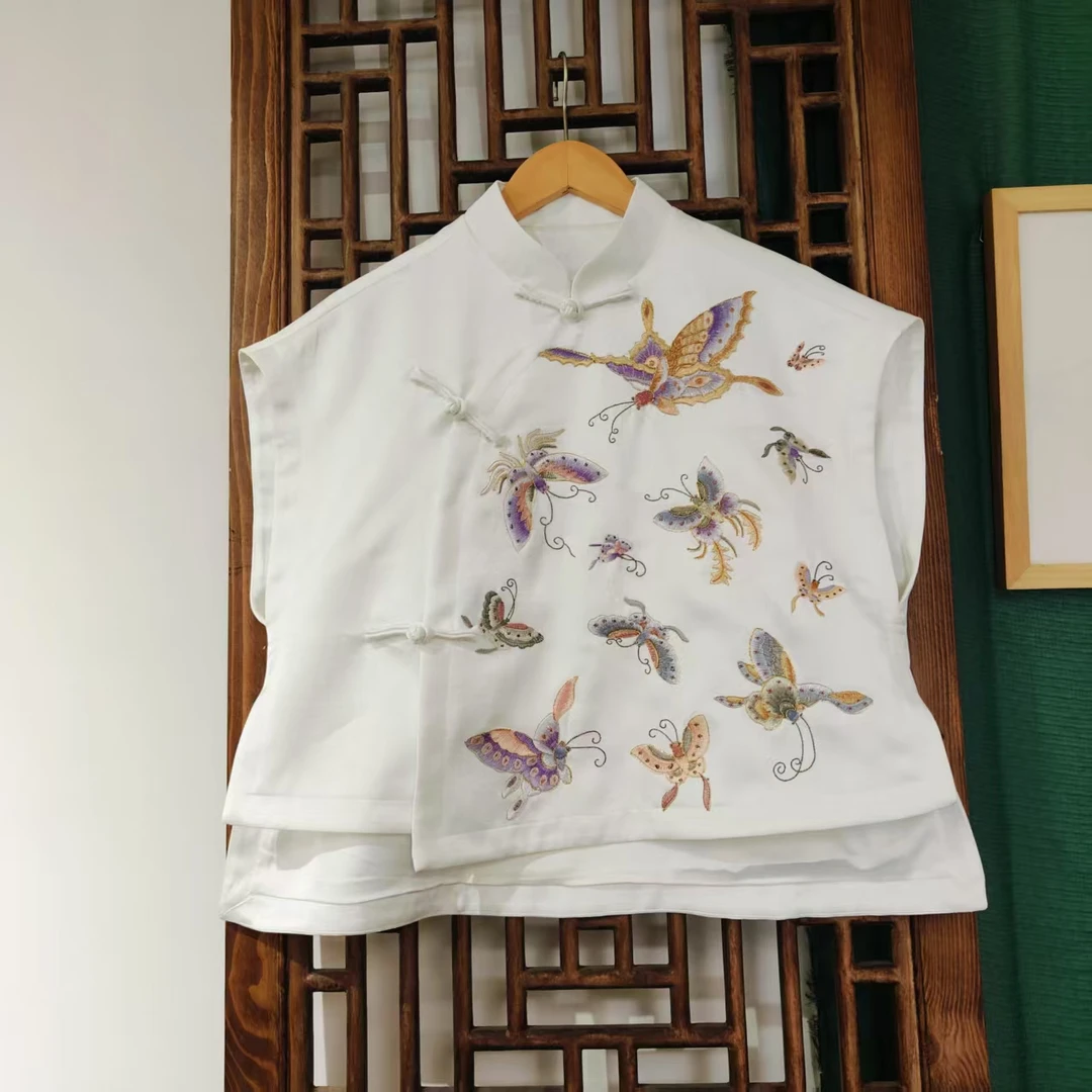 （LS597-20）凤徕兮私人定制白色光板底粉紫蝴蝶斜襟盘扣无袖短上衣