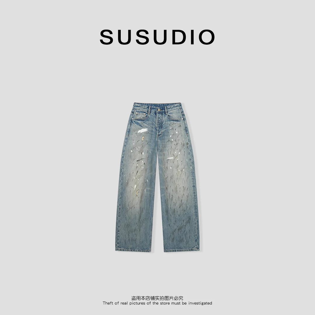 SUSUDIO 100棉 美式复古油漆泼墨水洗做旧宽松牛仔裤 40463