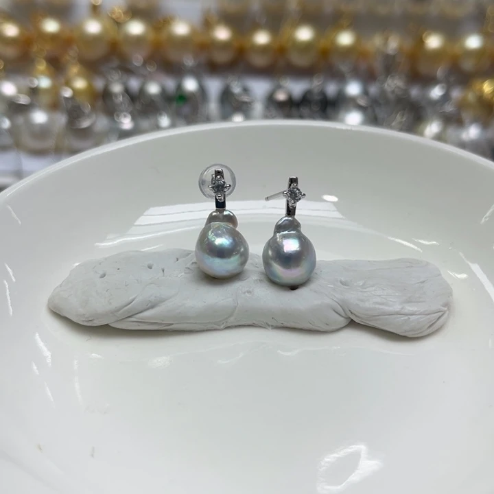 银S925镶嵌耳饰海水珍珠真多麻8-9mm 116号