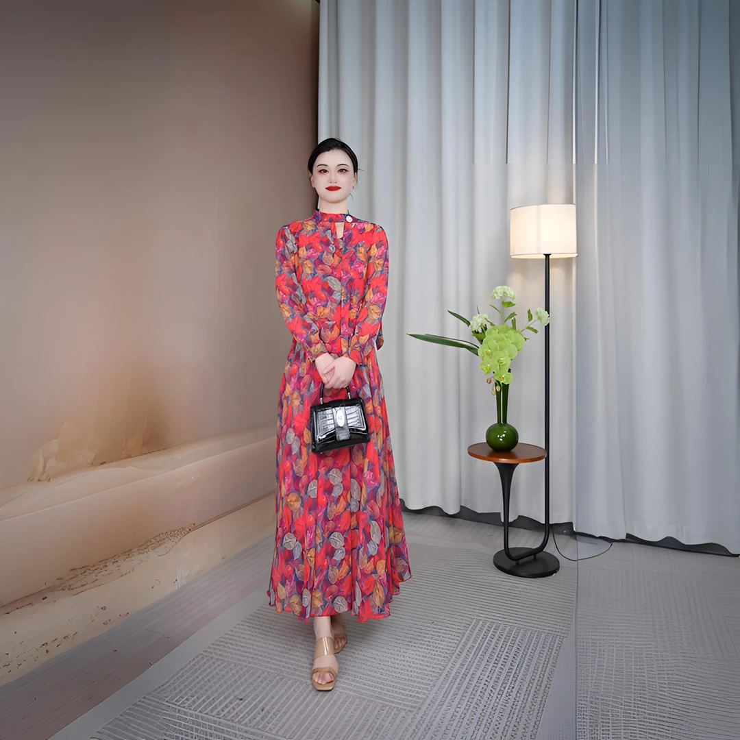 2025夏季新款长袖V领花色大摆连衣裙修身显瘦气质简约款X656-200