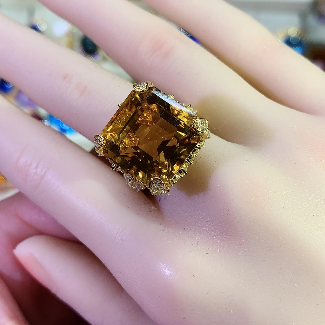 黄晶戒指银S925镀金镶嵌