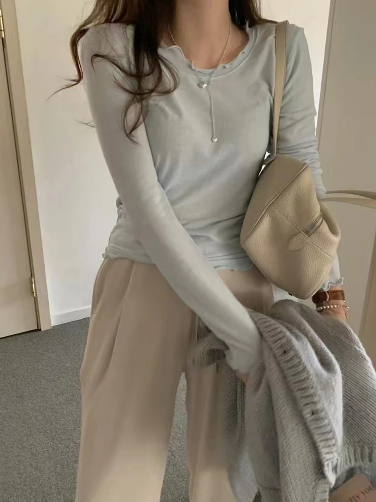 软糯木耳边设计感长袖T恤女早秋新款时尚叠穿减龄纯色T上衣微透感