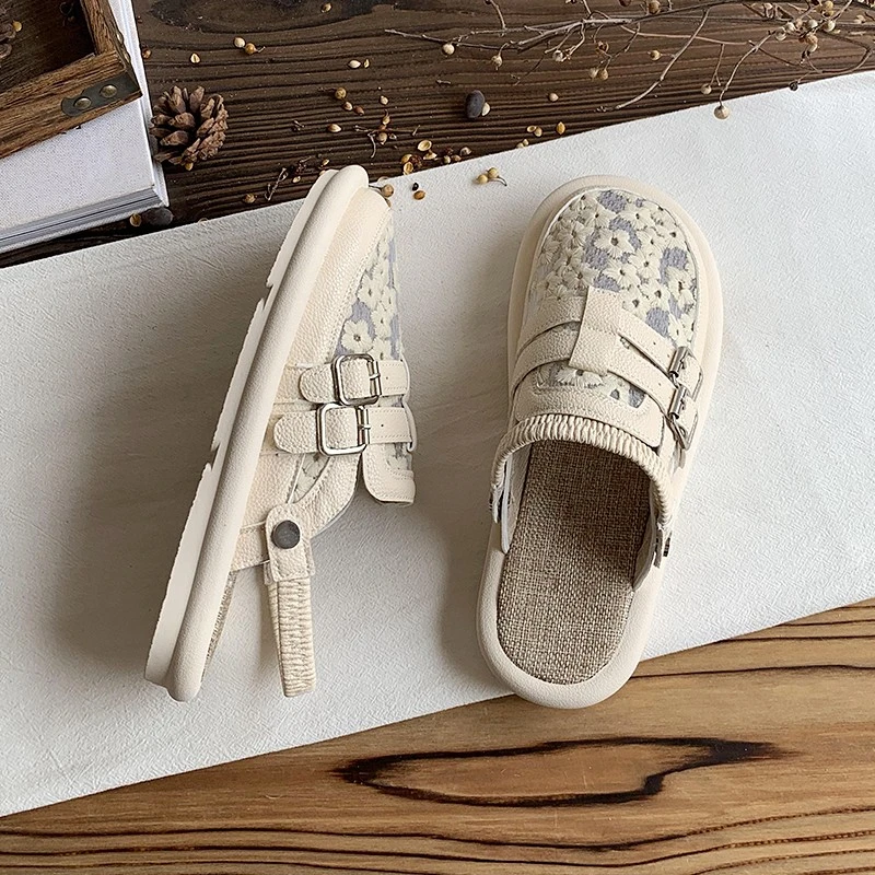 亚麻包头半拖鞋女夏季外穿百搭透气凉拖鞋2025年新款一脚蹬勃肯鞋