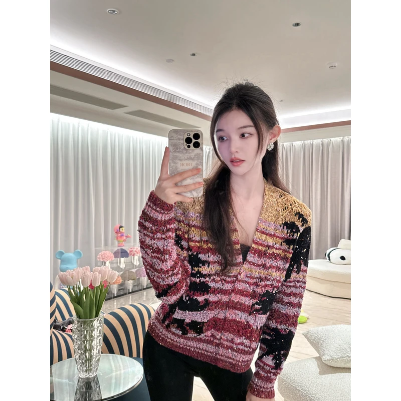 【YY2】香家V领钩花圣诞珠片针织开衫