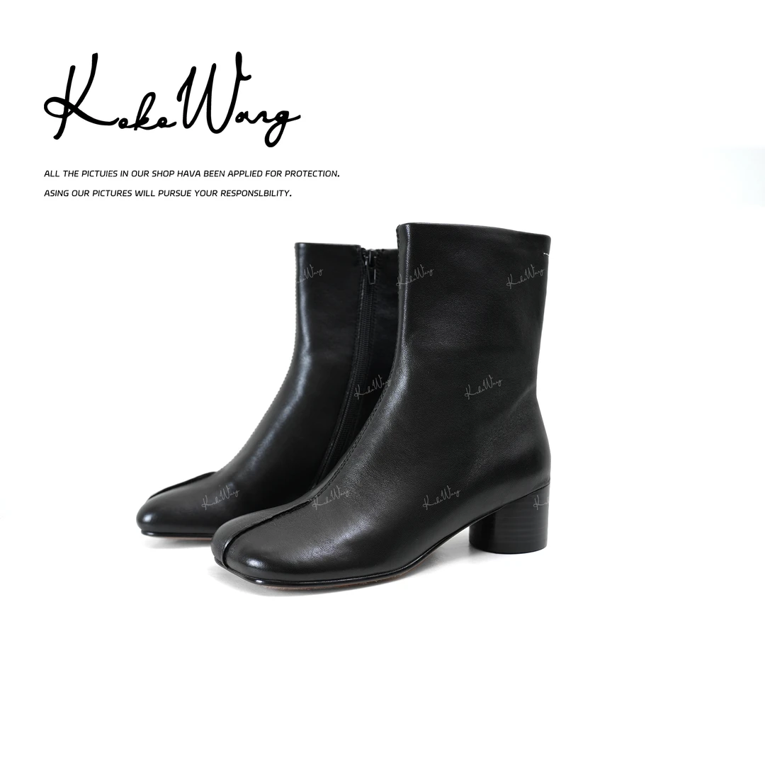 KOKO WANG秋冬前明线侧拉链软皮小高跟苹果头瘦瘦靴X0315H29X08