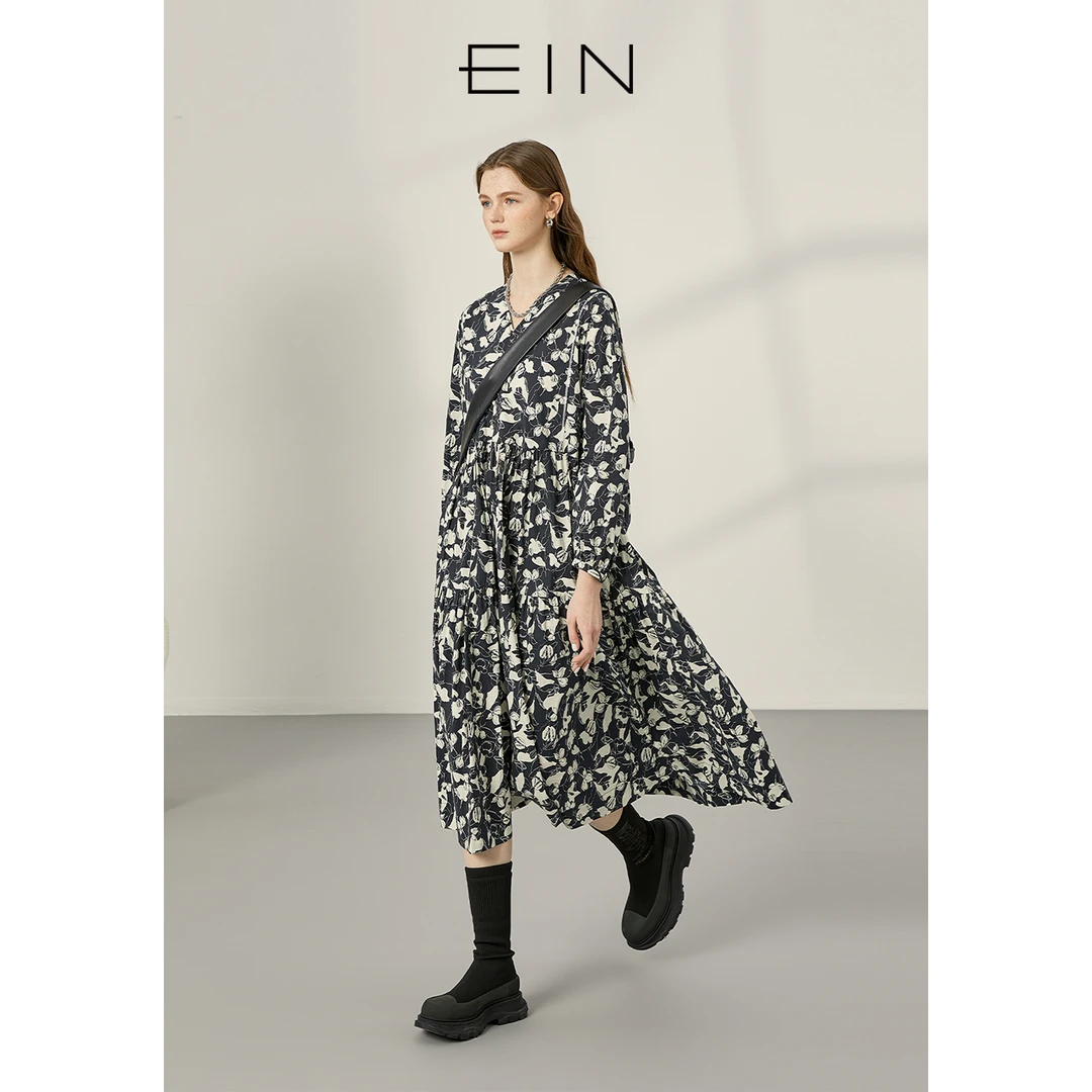 EIN/言【木兰铅笔画】法式茶歇度假风线迹碎花连衣裙2025年早春