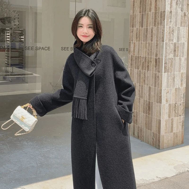 2025春秋新款高级长毛气质韩系羊毛双面呢围巾宽松长款柔软外套