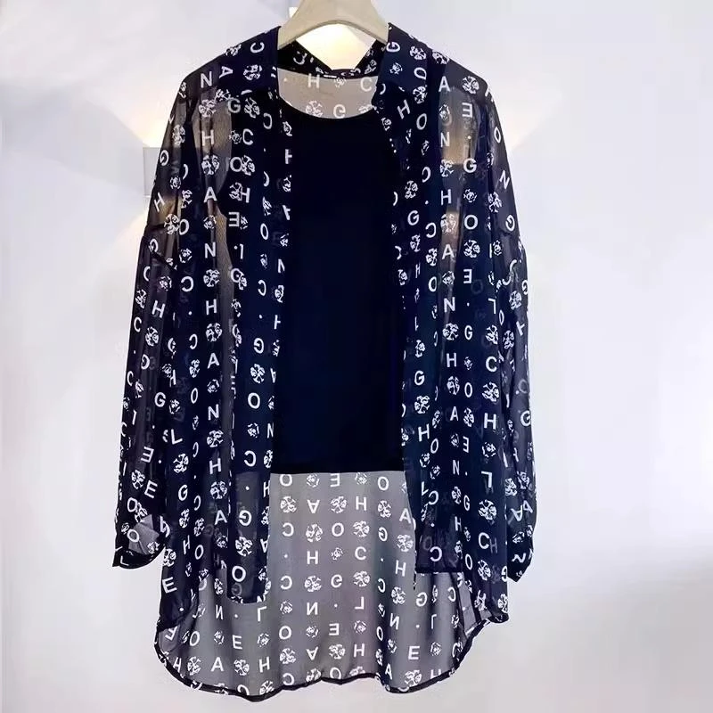 雪纺衬衫女夏季洋气字母宽松大码披肩开衫上衣中长款长袖防晒衬衣