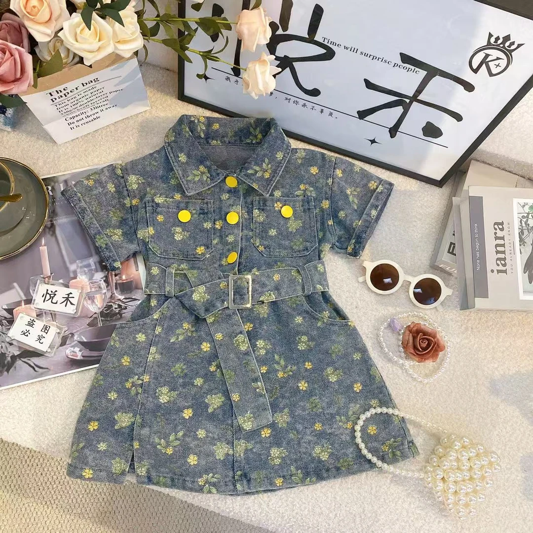 T.1新款短袖牛仔连衣裙儿童夏季新款软牛仔裙子复古8730