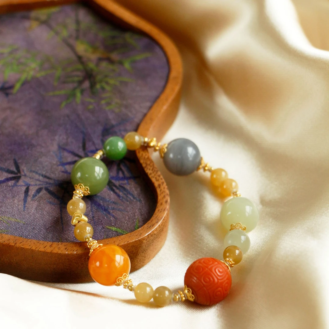 【快乐星球】天然和田玉配南红蜜蜡多宝单圈手串12mm